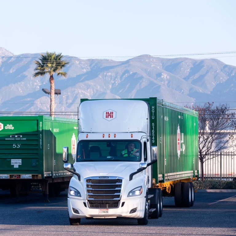 Hub Group driver delivering asset-based trucking services