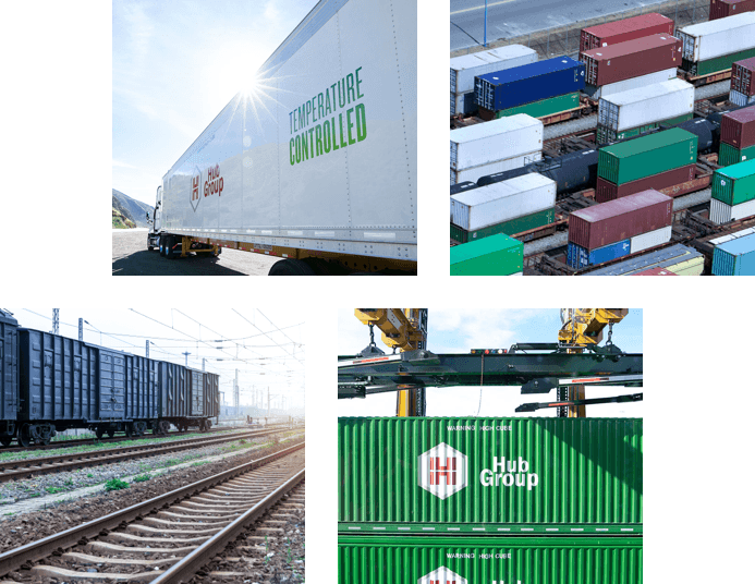 Hub Group temperature-controlled truck providing intermodal transportation. Hub Group's freight cargo for intermodal transportation. Intermodal transportation freight train. Hub Group's green intermodal transportation freight containers stacked on top of each other.