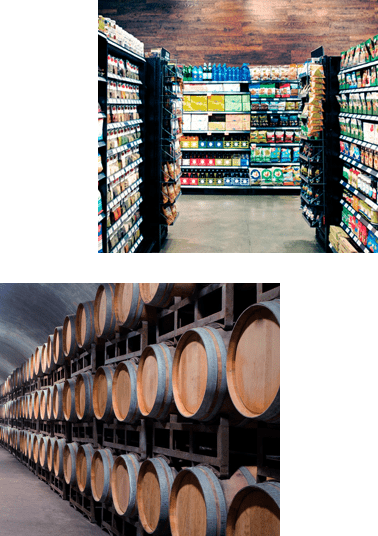 Marketplace retail logistics inventory aisle. Barrels of alcohol, spirits and more for liquor logistics